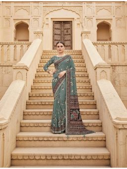 Gahan - Green Floral Printed Mirror Aari Work Cotton Saree with Unstitched Blouse