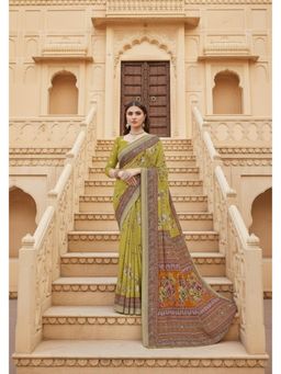 Gahan - Yellow Floral Printed Mirror Aari Work Cotton Saree with Unstitched Blouse