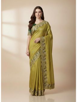 Gahan - Womens Lacce Border Elegant Finish Tissue Embroidered Saree with Unstitched Blouse