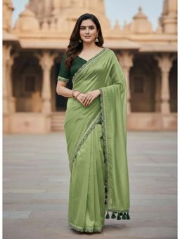 Gahan - Womens Green Tassels Embellished Sequin Net Saree with Unstitched Blouse