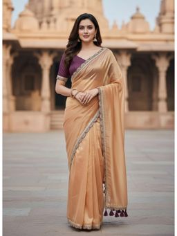 Gahan - Womens Coral Tassels Embellished Sequin Net Saree with Unstitched Blouse