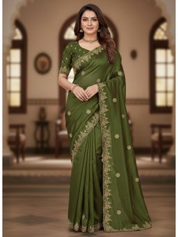 Gahan - Womens Green Embroidered Embellished Sequin Border Satin Saree with Unstitched Blouse