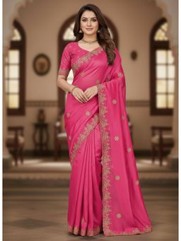 Gahan - Womens Pink Embroidered Embellished Sequin Border Satin Saree with Unstitched Blouse