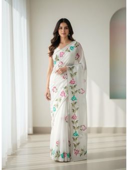 Gahan - Womens White Embellished Floral Hand Printed Georgette Saree with Unstitched Blouse