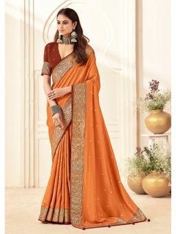 Gahan - Orange Velvet Tussar Silk Woven Saree with Unstitched Blouse