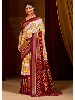 Gahan - Red Velvet Tussar Silk Ikat Printed Saree with Unstitched Blouse