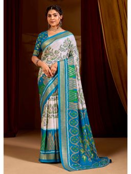 Gahan - Blue Velvet Tussar Silk Ikat Printed Saree with Unstitched Blouse