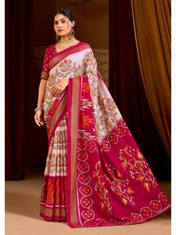 Gahan - Pink Velvet Tussar Silk Ikat Printed Saree with Unstitched Blouse