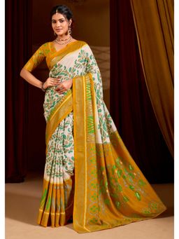 Gahan - Mustard Velvet Tussar Silk Ikat Printed Saree with Unstitched Blouse