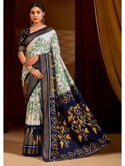 Gahan - Navy Blue Velvet Tussar Silk Ikat Printed Saree with Unstitched Blouse