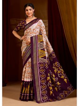 Gahan - Purple Velvet Tussar Silk Ikat Printed Saree with Unstitched Blouse