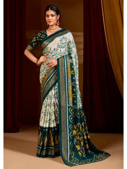 Gahan - Teal Velvet Tussar Silk Ikat Printed Saree with Unstitched Blouse
