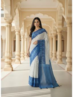 Gahan - Womens Contrast Border White Linen Printed Saree with Unstitched Blouse