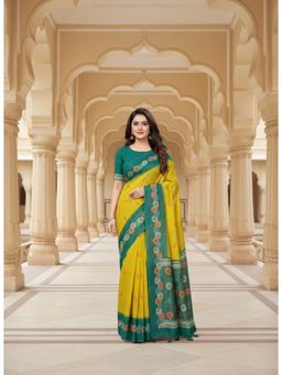 Gahan - Womens Floral Border Yellow Linen Printed Saree with Unstitched Blouse