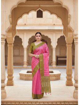 Gahan - Zari Motifs Pink Stripes Printed Linen Saree with Unstitched Blouse