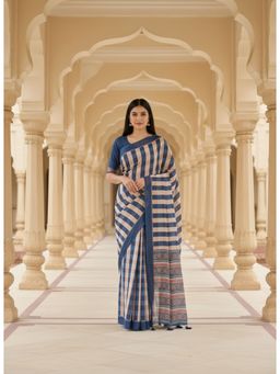 Gahan - Printed Pallu Elegant Beige Stripes Linen Saree with Unstitched Blouse