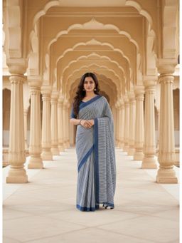 Gahan - Printed Pallu Elegant Blue Stripes Linen Saree with Unstitched Blouse