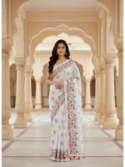Gahan - Womens Floral Pallu White Linen Floral Printed Saree with Unstitched Blouse