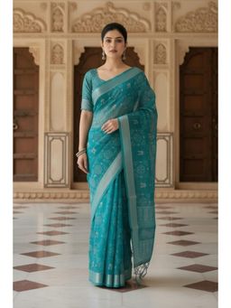 Gahan - Zari Border Tassel Pallu Linen Teal Saree with Unstitched Blouse