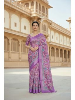 Gahan - Womens Pink Contrast Border Floral Printed Pallu Linen Saree with Unstitched Blouse