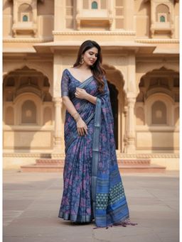 Gahan - Womens Navy Blue Contrast Border Floral Printed Pallu Linen Saree with Unstitched Blouse