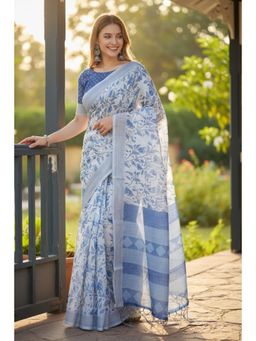 Gahan - Womens White Contrast Border Linen Floral Printed Saree with Unstitched Blouse