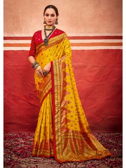 Gahan - Yellow Velvet Tussar Silk Aari Work Saree with Unstitched Blouse