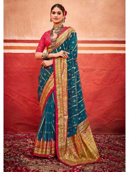 Gahan - Blue Velvet Tussar Silk Aari Work Saree with Unstitched Blouse