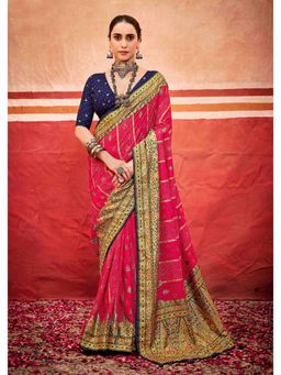 Gahan - Pink Velvet Tussar Silk Aari Work Saree with Unstitched Blouse