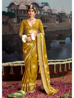 Gahan - Mustard Velvet Silk Batik Printed Saree with Unstitched Blouse
