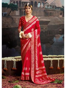 Gahan - Red Velvet Silk Batik Printed Saree with Unstitched Blouse