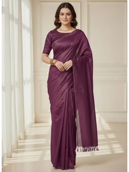 Gahan - Womens Purple Tassels Solid Cotton Blend Saree with Unstitched Blouse