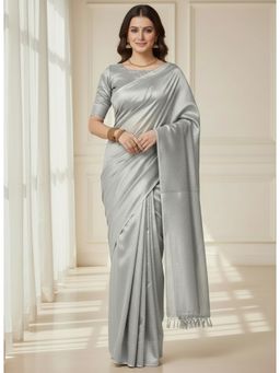 Gahan - Womens Silver Tassels Solid Cotton Blend Saree with Unstitched Blouse