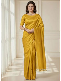 Gahan - Womens Yellow Tassels Solid Cotton Blend Saree with Unstitched Blouse