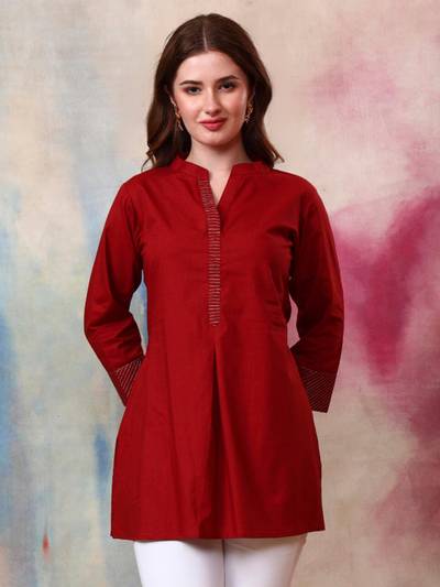 Womens Cotton Slub Zari Work Red Kurti