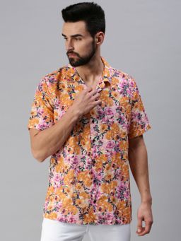 SHOWOFFFF - Men Casual Collar Neck Orange Floral Shirt