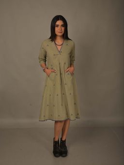 EARTHWEAR - Olive Jamdani Embroidered Dress