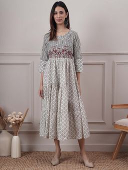 PINKSKY - Off White Printed Cotton Hand Embroidery Dress