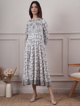 PINKSKY - Grey Yoke Embroidered Printed Dress
