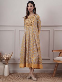 PINKSKY - Mustard Yoke Embroidered Floral Printed Dress
