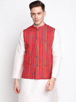 Devoiler - Men Red Striped Pure Cotton Nehru Jacket
