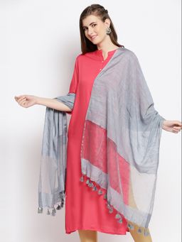 Dupatta Bazaar - Womens Linen Grey Dupatta with Organza Border and Tassels