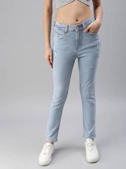 SHOWOFFFF - Women's Mildly Distressed Blue Slim Fit Denim Jeans