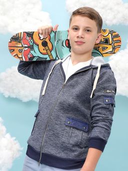 Instafab - Boys Navy Blue Zip-Front Heathered Hoodie