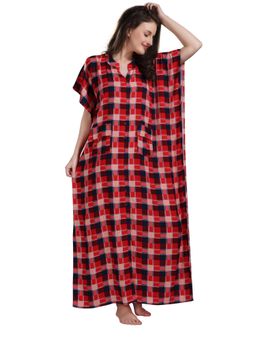 PIU - Womens Rayon Cotton Checks Premium Kaftan Nightdress Red