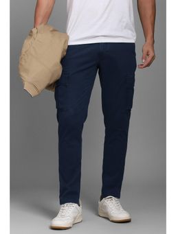 Louis Philippe - Men Navy Solid Flat Front Casual Trousers