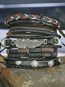 OOMPH - Combo of 5 Black and Brown Braided Leather Wrap Around Adjustable Bracelet