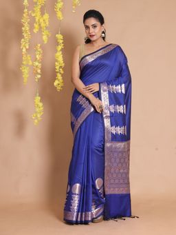 CHARUKRITI - Royal Blue Silk Handwoven Zari Woven Floral Designs & Motifs Saree with Unstitched Blouse
