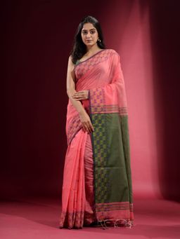CHARUKRITI - Peach with Geometric Motif and Pattern Saree with Unstitched Blouse