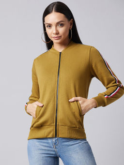 DOLCE CRUDO - Women's Olive V-neck Full Sleeve Solid Bomber Regular Jacket